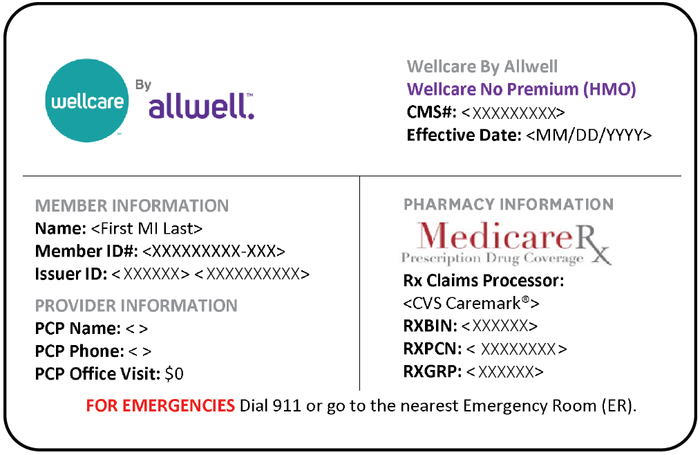 Wellcare by Allwell member card with logo and sample information